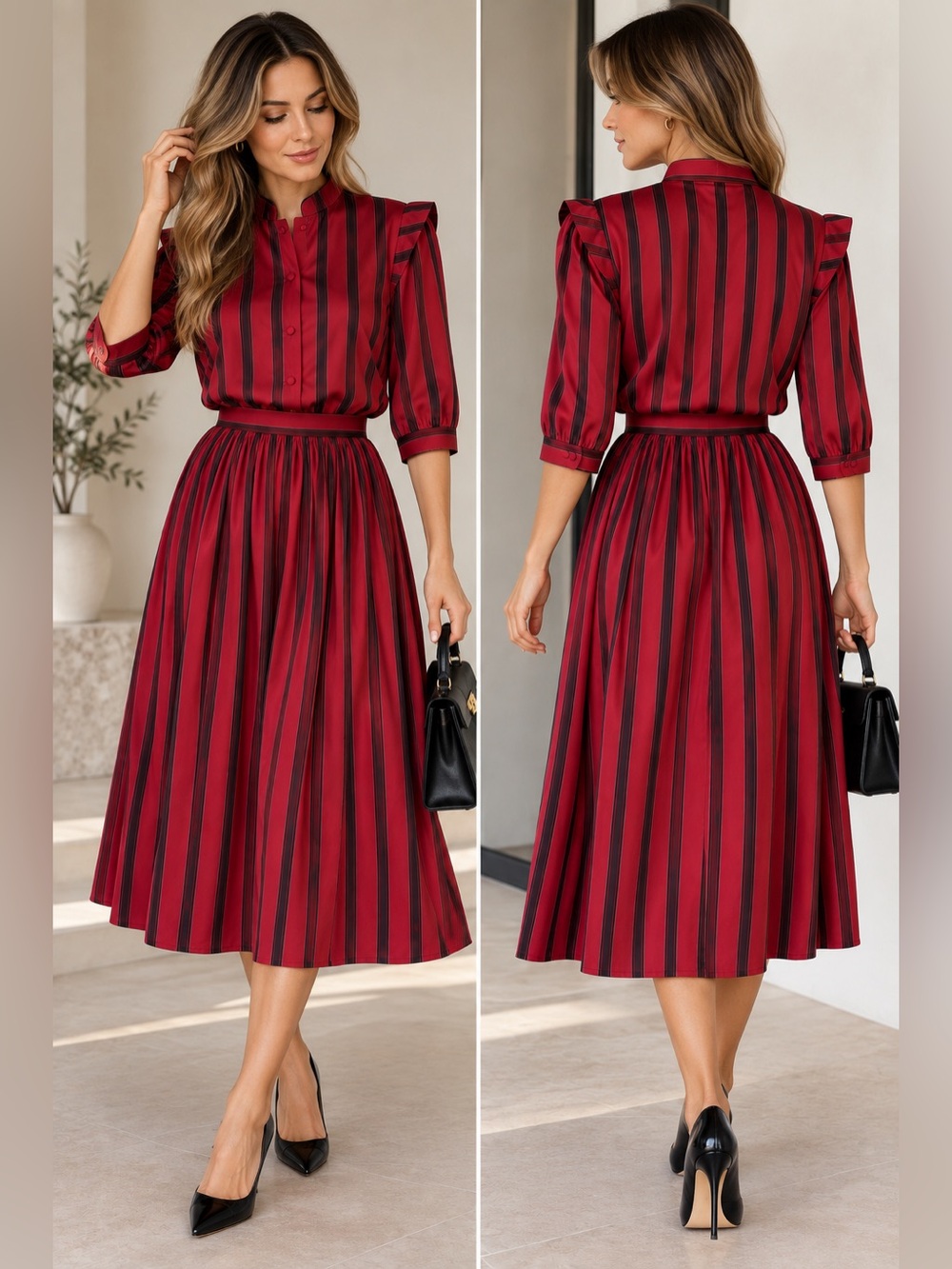 Vintage Jonathan Martin 100% Silk 2 Piece Blouse Midi Skirt Set XS Striped